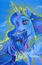 Size: 412x633 | Tagged: safe, artist:imanika, derpibooru import, princess celestia, princess luna, alicorn, pony, backlighting, duo, royal sisters, s1 luna, siblings, sisters, smiling, traditional art