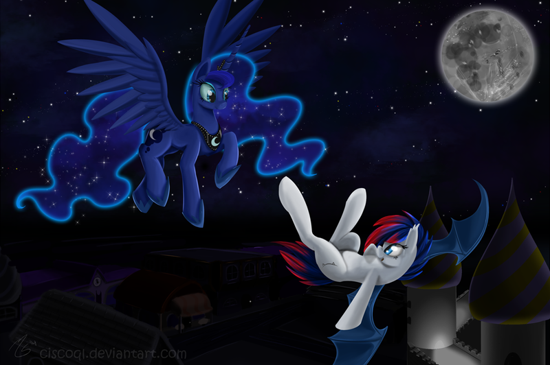 Size: 992x660 | Tagged: safe, artist:ciscoql, derpibooru import, princess luna, oc, oc:winter blossom, bat pony, pony, flying, moon