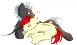 Size: 1251x733 | Tagged: dead source, safe, artist:imspainter, derpibooru import, care package, special delivery, thunderlane, pony, cuddling, cute, eyes closed, gay, heart, male, shipping, snuggling, stallion, underhoof
