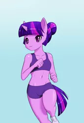 Size: 1400x2050 | Tagged: alternate hairstyle, ambiguous facial structure, anthro, artist:skecchiart, belly button, clothes, derpibooru import, hair bun, jogging, midriff, safe, shorts, solo, sports bra, twilight sparkle, workout outfit