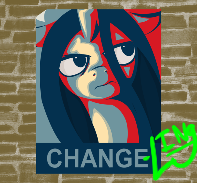 Size: 1400x1300 | Tagged: artist:hewhoerasesmost, ask, ask pun, change, graffiti, hope poster, poster, propaganda, queen chrysalis, safe, shepard fairey, solo, tumblr