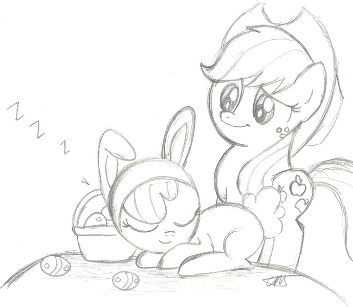 Size: 1702x1481 | Tagged: apple bloom, applejack, artist:entou, bunny bloom, bunny costume, clothes, derpibooru import, easter, easter basket, monochrome, safe, sketch, sleeping