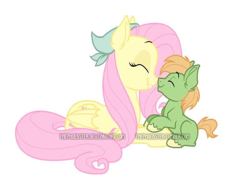 Size: 839x656 | Tagged: artist:thephoebster, boop, derpibooru import, eyes closed, fluttershy, grin, mother and son, noseboop, nuzzling, oc, oc:bismarck, offspring, parent:big macintosh, parent:fluttershy, parents:fluttermac, prone, safe, smiling, watermark