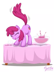 Size: 749x1000 | Tagged: safe, artist:mysticalpha, derpibooru import, berry punch, berryshine, earth pony, pony, ass up, berrybetes, bowl, cute, dancing, drunk, eyes closed, female, mare, punch bowl, solo, table, table dancing, tail wag