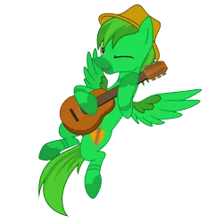 Size: 6000x6000 | Tagged: safe, artist:gitzomailru, derpibooru import, oc, oc:green string, unofficial characters only, pegasus, zebra, zebrasus, absurd resolution, flying, guitar, hoof hold, image, looking at you, png, simple background, smiling, solo, spread wings, transparent background, vector, wink