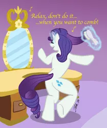 Size: 836x1000 | Tagged: safe, artist:the_gneech, derpibooru import, rarity, pony, unicorn, bipedal, comb, dialogue, frankie goes to hollywood, glowing horn, magic, mirror, music notes, pun, relax, singing, solo, song reference, telekinesis, underhoof