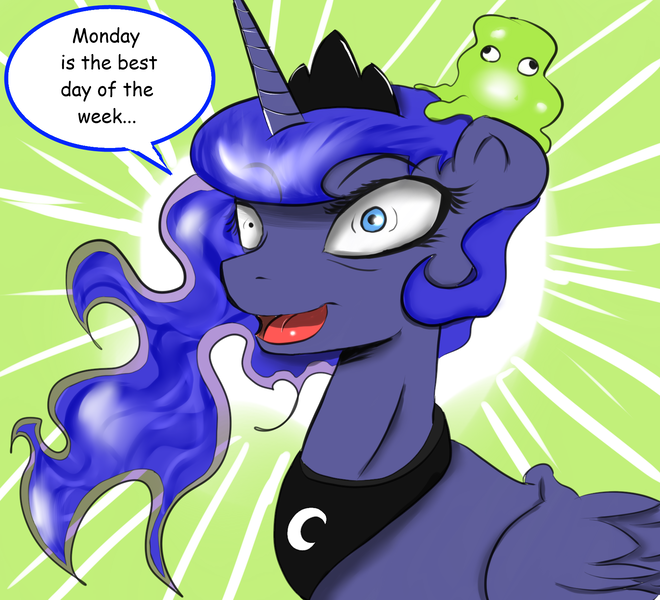 Size: 1650x1500 | Tagged: safe, artist:dawntrotter, derpibooru import, princess luna, alicorn, pony, blatant lies, brain slug, exploitable meme, female, futurama, horn, lies, mare, meme, mismatched eyes, monday, open mouth, sarcasm, smiling, solo, wide eyes