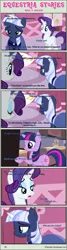 Size: 1004x3753 | Tagged: safe, artist:estories, derpibooru import, rarity, twilight sparkle, oc, oc:silverlay, unicorn, comic:seeds of darkness, carousel boutique, clothes, comic, dress, unicorn twilight