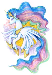 Size: 699x1012 | Tagged: safe, artist:imanika, derpibooru import, princess celestia, alicorn, pony, female, flying, looking at you, magic, mare, simple background, smiling, solo, spread wings, traditional art, white background