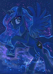 Size: 501x693 | Tagged: safe, artist:imanika, derpibooru import, princess luna, alicorn, pony, female, looking at you, mare, rearing, smiling, solo, spread wings, traditional art