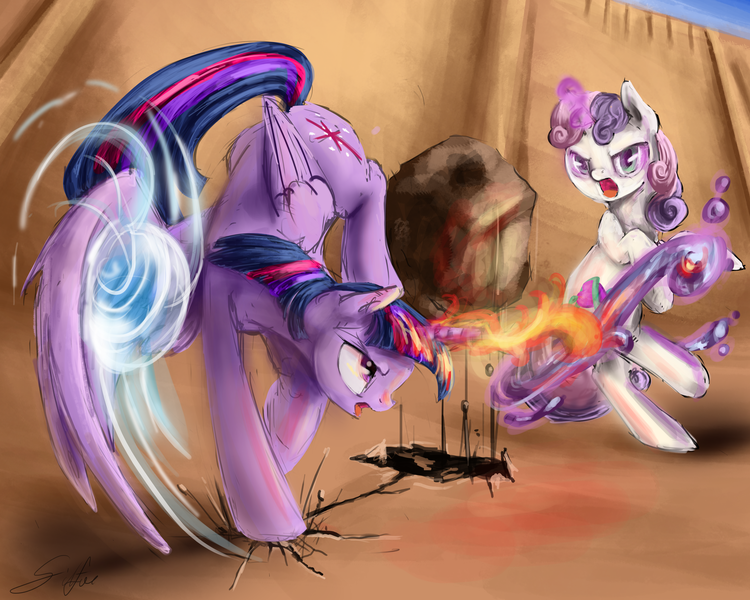 Size: 5000x4000 | Tagged: safe, artist:silfoe, derpibooru import, sweetie belle, twilight sparkle, twilight sparkle (alicorn), alicorn, pony, airbending, avatar the last airbender, crossover, earthbending, female, fight, firebending, mare, waterbending