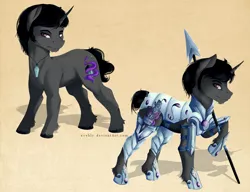 Size: 1300x1000 | Tagged: safe, artist:evehly, derpibooru import, king sombra, armor, arrowhead (part), crystal, crystal guard armor, image, jpeg, knife, male, necklace, solo, sombra's cutie mark, spear, spearhead (part), weapon, young sombra, younger sombra