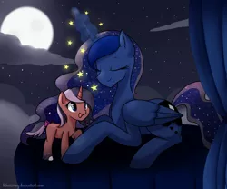 Size: 878x730 | Tagged: safe, artist:hikariviny, derpibooru import, princess luna, oc, oc:amaris, pony, unicorn, adopted offspring, eyes closed, filly, missing accessory, moon, night, open mouth, parent:princess luna, prone, raised hoof, sky, smiling, stars, tail bow, unshorn fetlocks