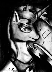 Size: 3185x4389 | Tagged: artist:qwixthetrappedone, derpibooru import, monochrome, portrait, princess luna, safe, solo, traditional art