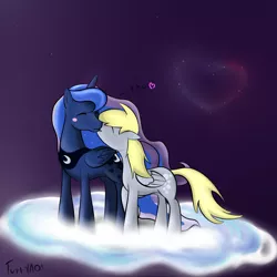 Size: 1500x1500 | Tagged: safe, artist:scouthiro, derpibooru import, derpy hooves, princess luna, pegasus, pony, cloud, female, heart, lesbian, love, lunaderp, mare, night, shipping, sky