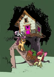 Size: 748x1069 | Tagged: apple bloom, artist:nobody-hares, cart, clubhouse, colored, crusaders clubhouse, cutie mark crusaders, derpibooru import, saddle bag, safe, scootaloo, sweetie belle, treehouse