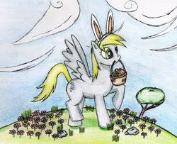 Size: 1024x831 | Tagged: safe, artist:gangsterlovin, derpibooru import, derpy hooves, pegasus, pony, basket, bunny ears, easter, easter egg, female, flower, giant pony, macro, mare, mouth hold, solo, traditional art