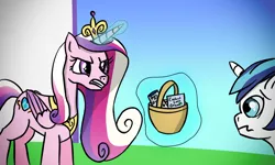 Size: 1000x600 | Tagged: artist:aumashy, basket, bodypaint, contact lens, derpibooru import, princess cadance, safe, shining armor