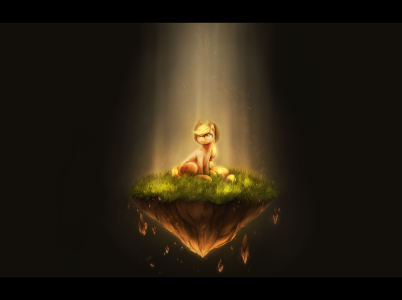 Size: 2000x1496 | Tagged: applejack, artist:ventious, dirt cube, earth, earthbending, earth pony magic, grass, light, looking up, safe, solo, terrakinesis