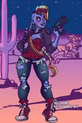 Size: 400x600 | Tagged: artist:kayliesaurus-rex, bullet, clothes, converse, corset, crossover, derpibooru import, dinogeddon, gun, human, humanized, no trigger discipline, pony coloring, rainbow dash, safe, shoes, solo, torn clothes, weapon