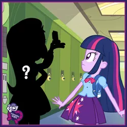 Size: 800x800 | Tagged: safe, derpibooru import, official, trixie, twilight sparkle, equestria girls, crackers, facebook, food, my little pony logo, peanut butter, peanut butter crackers, question mark, silhouette