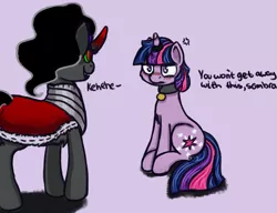 Size: 1000x766 | Tagged: artist needed, safe, derpibooru import, king sombra, twilight sparkle, pony, unicorn, blushing, collar, dusk shine, female, femdom, frown, glare, horn ring, laughing, magic suppression, male, malesub, pet tag, queen umbra, rule 63, sitting, slave, smiling, stallion in distress, straight, submissive, twibra, umbrashine