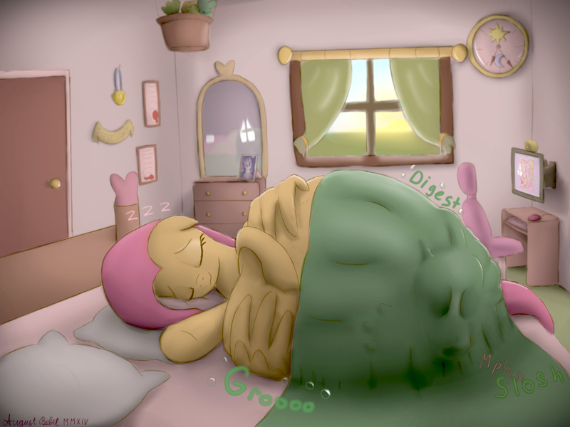 Size: 2000x1500 | Tagged: artist:augustbebel, bedroom, belly, derpibooru import, digestion, discord, fetish, flutterpred, fluttershy, hug, implied digestion, questionable, stomach noise, sunrise, tight bulge, vore, winghug, wings