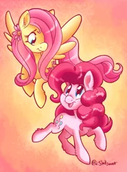 Size: 500x674 | Tagged: safe, artist:shellsweet, derpibooru import, fluttershy, pinkie pie, earth pony, pegasus, pony, duo, female, flower, flower in hair, hair over one eye, looking at each other, mare, smiling, spread wings, wings