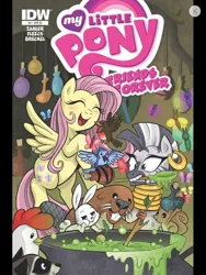 Size: 768x1024 | Tagged: angel bunny, angel is a bunny bastard, comic cover, derpibooru import, fluttershy, friends forever, idw, safe, spoiler:comic, spoiler:comicff5, zebra, zecora