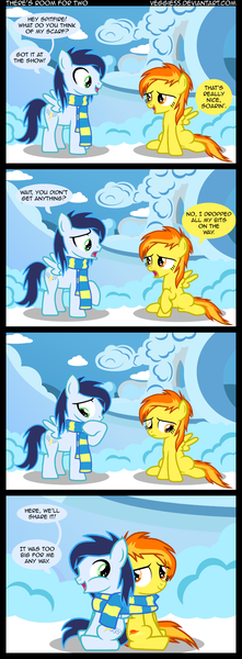 Size: 959x2608 | Tagged: dead source, safe, artist:veggie55, derpibooru import, soarin', spitfire, pegasus, pony, clothes, comic, cute, cutefire, daaaaaaaaaaaw, feels, female, heartwarming, hnnng, male, scarf, shared clothing, shared scarf, shipping, soarinbetes, soarinfire, straight, weapons-grade cute, younger