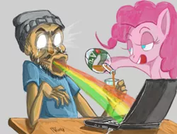 Size: 775x585 | Tagged: safe, artist:psykong, derpibooru import, pinkie pie, earth pony, human, pony, computer, context is for the weak, female, glowing eyes, laptop computer, male, rainbow, signature, wat, white eyes