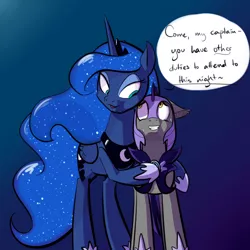 Size: 700x700 | Tagged: suggestive, artist:goat train, deleted from derpibooru, derpibooru import, princess luna, bat pony, pony, armor, bedroom eyes, fangs, female, floppy ears, grin, guardluna, hug, imminent sex, implied sex, male, nervous, night guard, shipping, size difference, smaller male, smiling, straight, sweat, wide eyes
