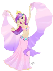 Size: 400x539 | Tagged: armpits, artist:zellykat, bedroom eyes, belly button, belly dancer, belly dancer outfit, bikini top, clothes, derpibooru import, human, humanized, jewelry, long skirt, looking at you, midriff, nail polish, princess cadance, safe, skirt, smiling, solo, tiara