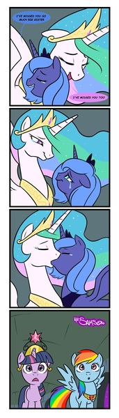 Size: 546x1920 | Tagged: safe, artist:mr-samson, derpibooru import, princess celestia, princess luna, rainbow dash, twilight sparkle, alicorn, pegasus, pony, unicorn, friendship is magic, big crown thingy, blushing, comic, crying, element of loyalty, eyes closed, female, incest, kissing, lesbian, mare, open mouth, princest, s1 luna, scene parody, shipping, smiling, wingboner