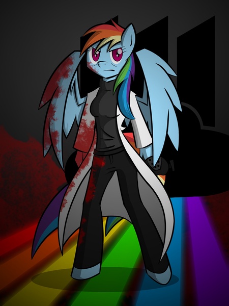 Size: 1500x2000 | Tagged: anthro, artist:xain-russell, blood, breasts, clothes, derpibooru import, fanfic art, fanfic:rainbow factory, female, lab coat, mask, rainbow dash, semi-grimdark, solo, turtle neck