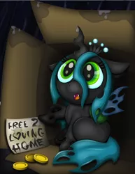 Size: 2550x3300 | Tagged: artist:thebubbleqat, bits, box, bronybait, cute, cutealis, derpibooru import, fangs, heart, looking up, nymph, :o, pointing, queen chrysalis, rain, safe, sitting, solo, wet