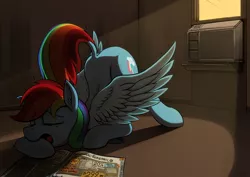 Size: 3000x2127 | Tagged: advertisement, air conditioner, artist:dimfann, backbend, biting, derpibooru import, dock, estrus, eyes closed, face down ass up, female, hot, open mouth, rainbow dash, raised tail, shivering, solo, solo female, spread wings, suggestive, window, wingboner, yawn