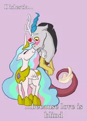 Size: 1500x2100 | Tagged: safe, artist:abaikgirl, derpibooru import, discord, princess celestia, blushing, boop, dislestia, eyes closed, female, floppy ears, male, noseboop, nuzzling, shipping, smiling, straight, surprised, wide eyes