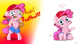 Size: 4200x2400 | Tagged: american football, artist:captainpudgemuffin, backwards ballcap, baseball cap, clothes, derpibooru import, dialogue, hat, pinkie pie, safe, shorts, solo