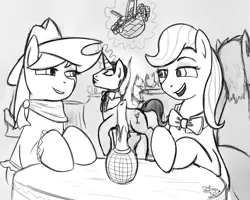 Size: 1280x1024 | Tagged: apple family member, artist:discrete turtle, beauty brass, bowtie, candle, cowboy hat, derpibooru import, fiddlebrass, fiddlesticks, hat, monochrome, safe, table