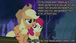 Size: 1280x720 | Tagged: safe, derpibooru import, edit, edited screencap, screencap, apple bloom, applejack, earth pony, pony, sleepless in ponyville, caption, diverse-mlp-headcanons, fake, female, filly, headcanon, lies, mare, parody, rickroll, text