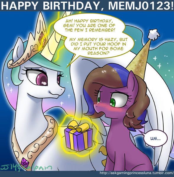 Size: 650x662 | Tagged: safe, artist:johnjoseco, derpibooru import, princess celestia, oc, oc:gem, ask gaming princess luna, birthday, blushing, levitation, magic, memj0123, present, tumblr