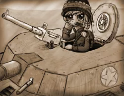 Size: 1650x1275 | Tagged: safe, artist:silentbutbeardly, derpibooru import, granny smith, earth pony, pony, bandana, cigar, clothes, gun, helmet, machine gun, monochrome, old photo, solo, tank (vehicle), uniform, young granny smith