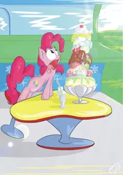 Size: 1518x2150 | Tagged: artist:s4vin, derpibooru import, eyes on the prize, food, ice cream, pinkie pie, safe, solo, sundae, table, this will end in weight gain