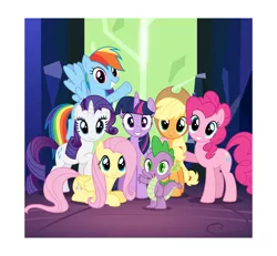Size: 8645x8000 | Tagged: safe, artist:parclytaxel, derpibooru import, applejack, fluttershy, pinkie pie, rainbow dash, rarity, spike, tree of harmony, twilight sparkle, twilight sparkle (alicorn), alicorn, pony, twilight's kingdom, .svg available, absurd resolution, crystal, door, female, flying, grin, group shot, let the rainbow remind you, looking at you, mane seven, mane six, mare, polaroid, prone, raised hoof, smiling, song, spread wings, twilight's castle, vector, waving