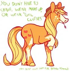 Size: 551x557 | Tagged: applejack, artist:jester, drama, feminism, mouth hold, mouthpiece, raised hoof, safe, smiling, solo, tumblr, unshorn fetlocks, vulgar