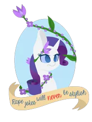 Size: 769x1022 | Tagged: semi-grimdark, suggestive, artist:ask-rebellious-cadence, derpibooru import, rarity, pony, unicorn, drama, female, flower, frown, glare, mare, mouthpiece, old banner, rape, rape joke, solo, tumblr, vine