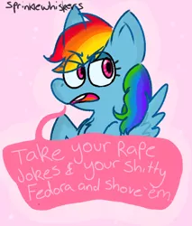 Size: 512x600 | Tagged: artist:sprinklewhiskers, comic, fedora, fedora shaming, hat, implied rape, mouthpiece, rainbow dash, social justice, social justice warrior, solo, speech bubble, stereotype, suggestive, tumblr, vulgar