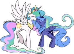 Size: 952x697 | Tagged: artist:ambunny, blushing, boop, derpibooru import, eyes closed, happy, missing accessory, noseboop, nuzzling, princess celestia, princess luna, s1 luna, safe, simple background, smiling, spread wings