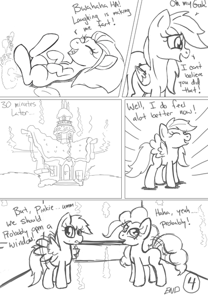 Size: 1764x2508 | Tagged: artist:kyokimute, comic, comic:after the pie eating contest, fart, monochrome, pinkie pie, rainbow dash, safe